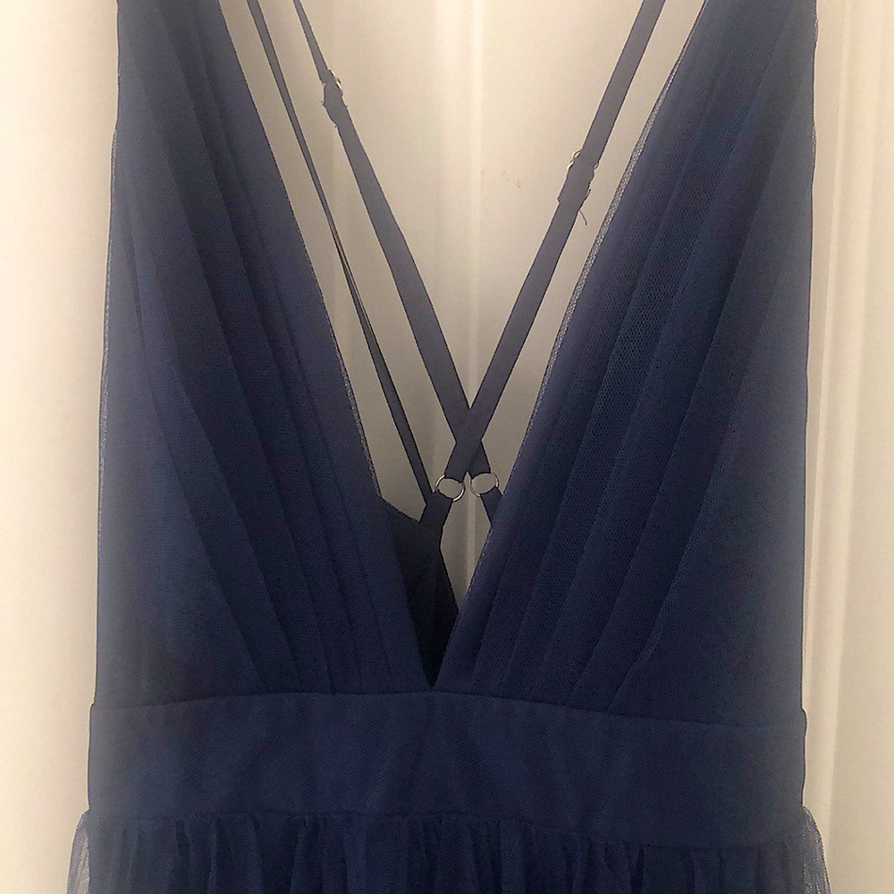 Navy tulle a-line full length formal dress